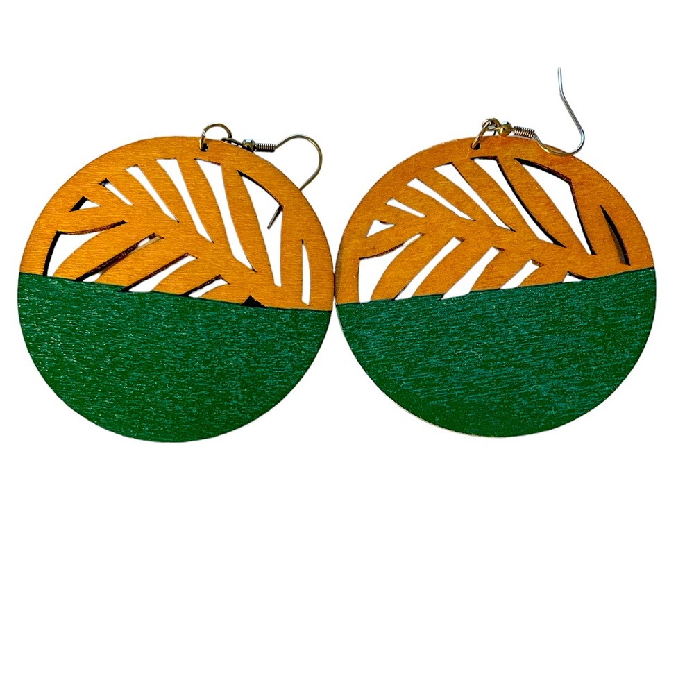 Wooden Brown and Green Pierced Earrings